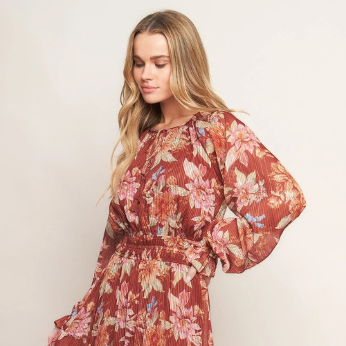 slim fit dress slacks Women's Hunter Green and Rust Floral Print Ruffle Midi Dress Medium main image 1