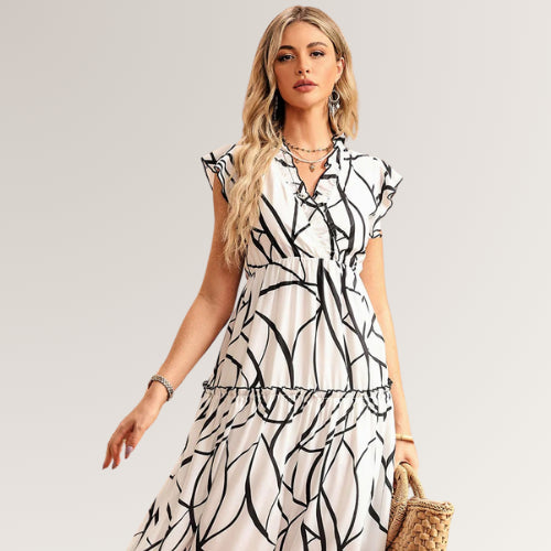 Ruffled Printed Surplice Cap Sleeve Dress