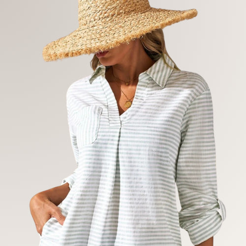 Striped Johnny Collar Long Sleeve Mini Shirt Dress