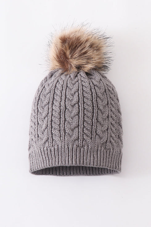 Grey cable knit pom pom beanie hat baby toddler adult