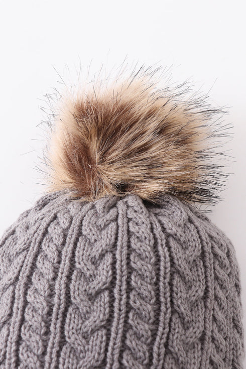 Grey cable knit pom pom beanie hat baby toddler adult