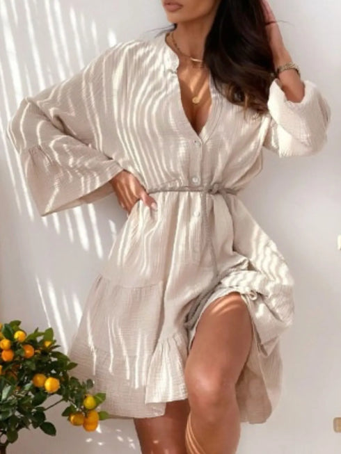 button-detail-notched-long-sleeve-dress OhSoStyled - Sophia's Style in Hot Pink-3