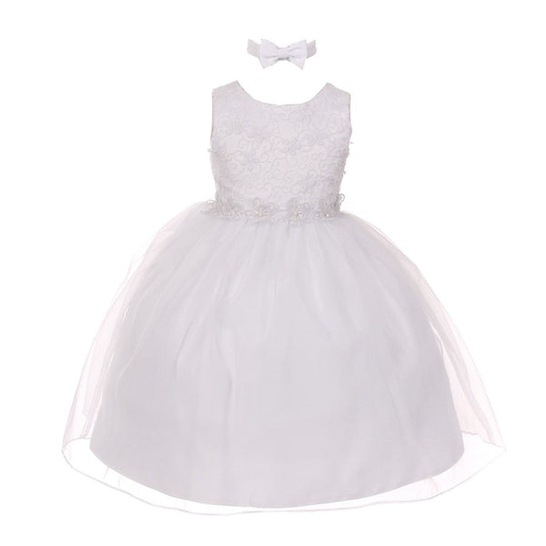 Rain Kids Baby Girls White Floral Trim Organza Overlay Flower Girl Dress 6-24M - SophiasStyle.com
