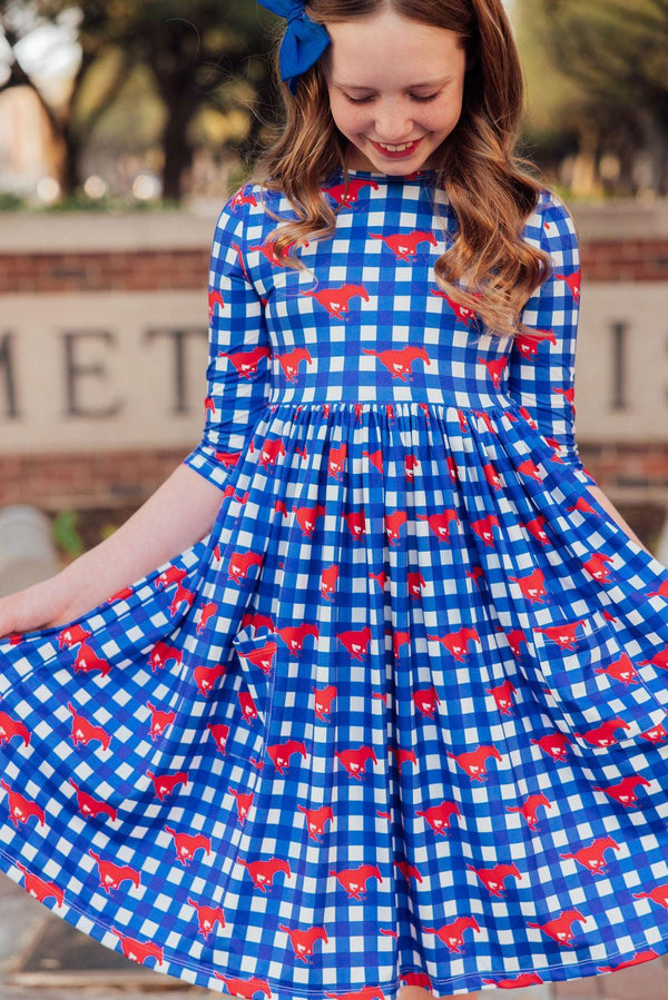smu-plaid-mustang-3-4-sleeve-pocket-twirl-dress Mila & Rose - Sophia's StyleTwirl Pocket Dress 3/4-1
