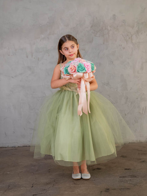Flower Girl Dress with Gold Embroidered Top and Tulle Overlay Skirt, Sizes 2-16