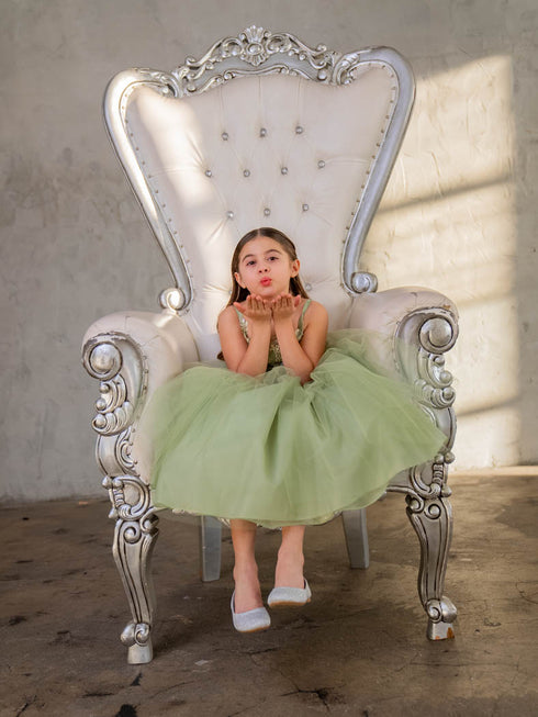Flower Girl Dress with Gold Embroidered Top and Tulle Overlay Skirt, Sizes 2-16