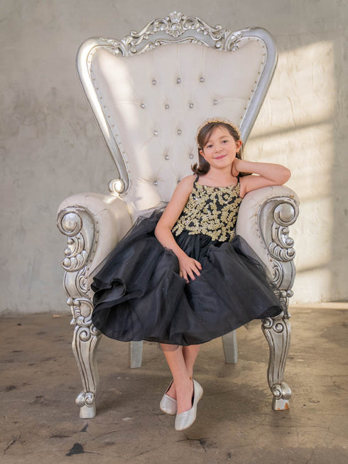 Flower Girl Dress with Gold Embroidered Top and Tulle Overlay Skirt, Sizes 2-16