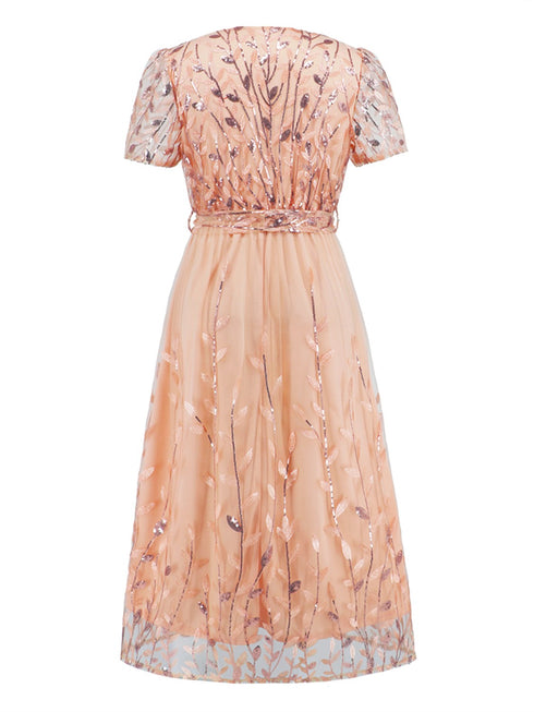 sequin-leaf-embroidery-tie-front-short-sleeve-dress Sophia's Trends - Sophia's Style--