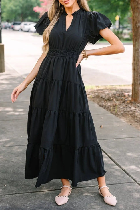 notched-short-puff-sleeve-dress OhSoStyled at Sophia's Style-1