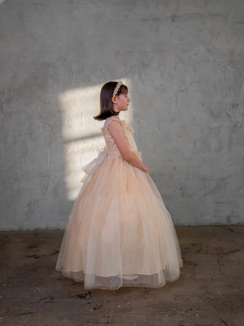 Big Girls Champagne Illusion Neckline Floral Applique Glitter Tulle Dress 8-16