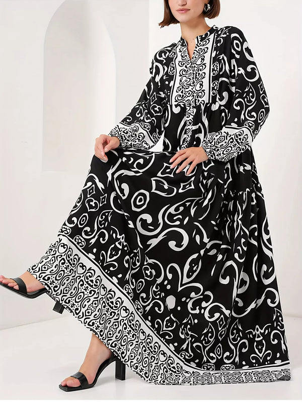 printed-notched-balloon-sleeve-maxi-dress-OhSoStyled-Sophia's-Style-1