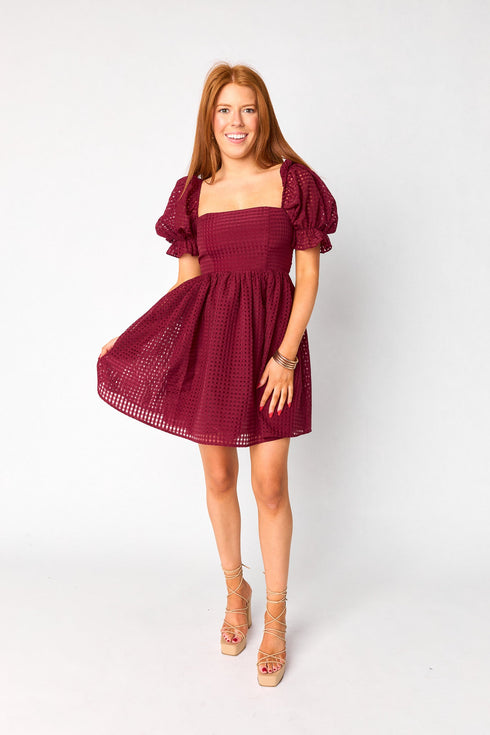 faye-babydoll-mini-dress-maroon Buddy Love - Sophia's Style-Faye Babydoll Mini Dress - Maroon-Maroon Check-XS-1