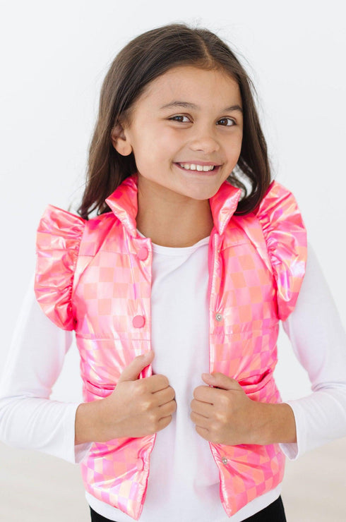 neon-pink-checker-puffer-vest Mila & Rose - Sophia's StylePuffer Vest-1