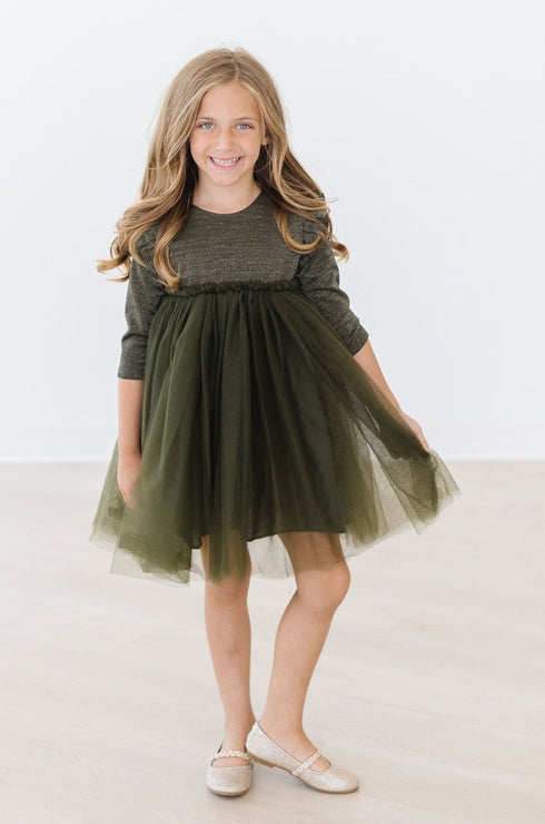 olive-shimmer-3-4-sleeve-tutu-dress Mila & Rose - Sophia's StyleShimmer Tutu Dress-1