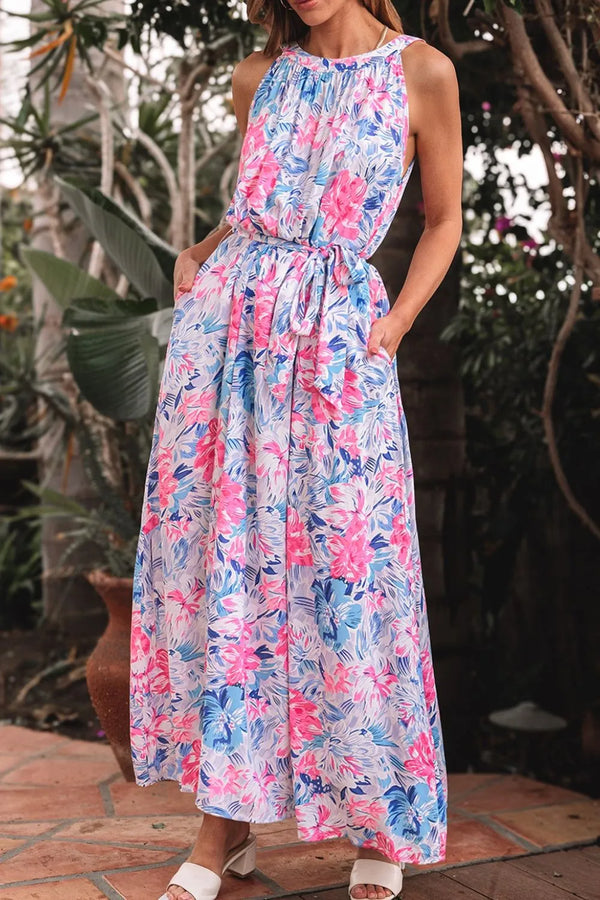 floral-printed-sleeveless-o-neck-knot-waist-dress OhSoStyled at Sophia's Style-1