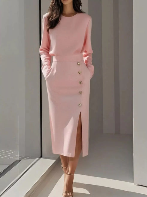 long-sleeve-button-detail-midi-dress-with-side-slit-OhSoStyled-Sophia's-Style-1