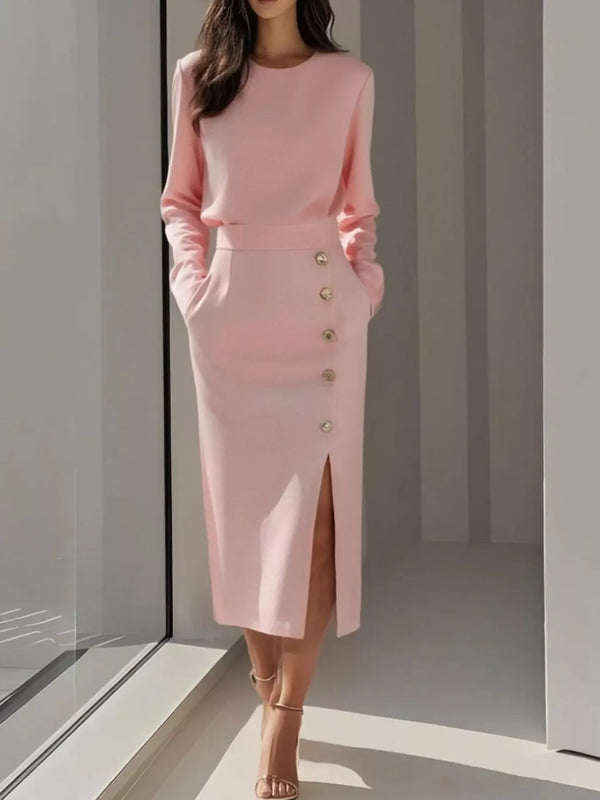 long-sleeve-button-detail-midi-dress-with-side-slit-OhSoStyled-Sophia's-Style-1