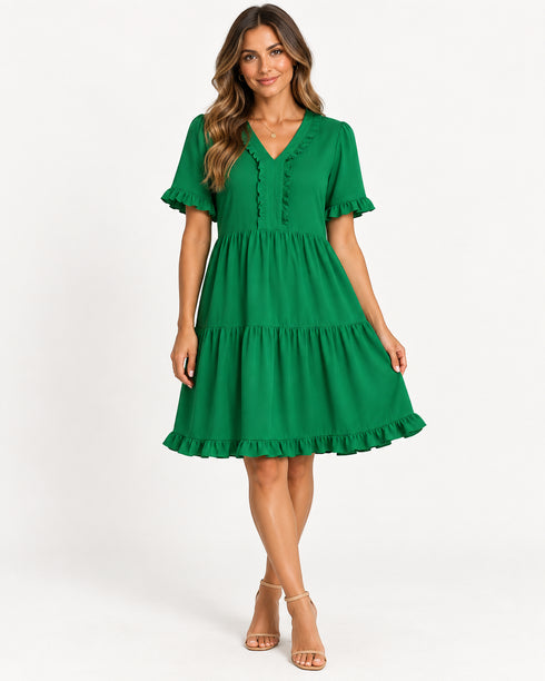 Tiered Notched Short Sleeve Mini Dress
