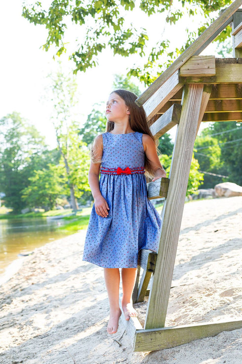 Girls Anchor Cotton Print Sleeveless Summer Dress with Bow, Sizes 2-14