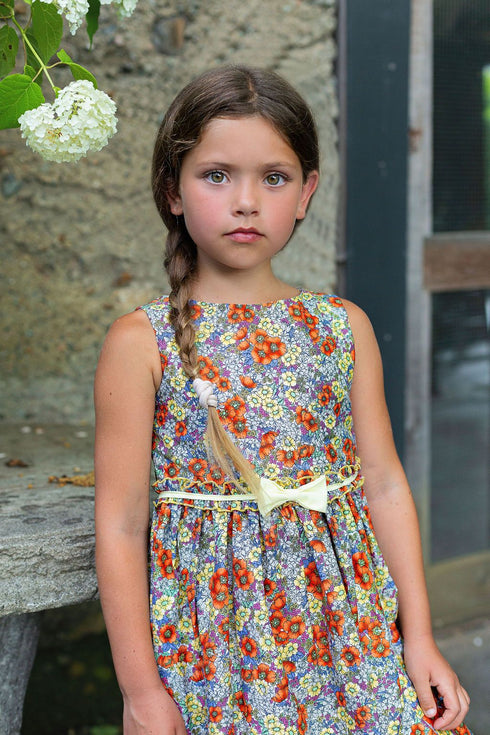 Girls Boho Floral Cotton Print Sleeveless Summer Dress with Bow, Sizes 2-14