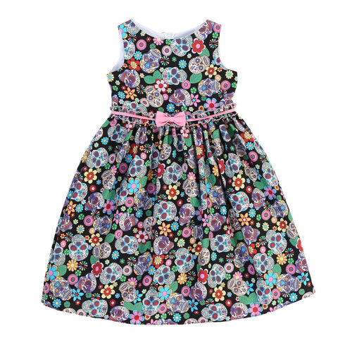 Girls Dia De Los Muertos Cotton Print Sleeveless Summer Dress with Bow, Sizes 2-21