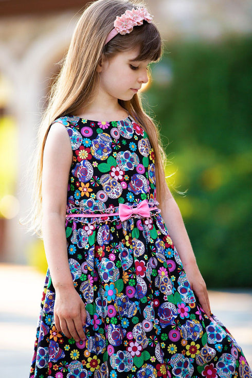 Girls Dia De Los Muertos Cotton Print Sleeveless Summer Dress with Bow, Sizes 2-21
