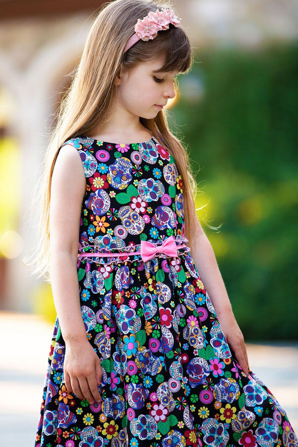 Girls Dia De Los Muertos Cotton Print Sleeveless Summer Dress with Bow, Sizes 2-21