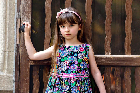 Girls Dia De Los Muertos Cotton Print Sleeveless Summer Dress with Bow, Sizes 2-21