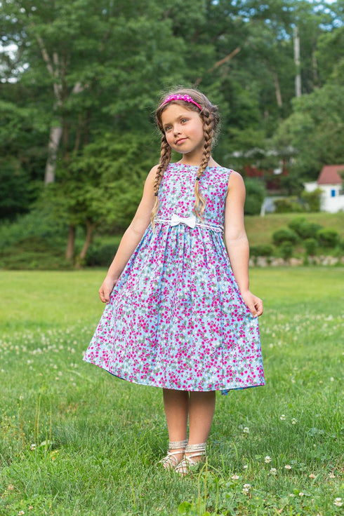 Girls Ditzy Floral Cotton Print Sleeveless Summer Dress with Bow, Sizes 2-14