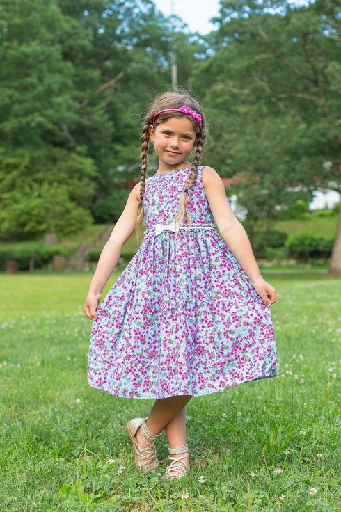 Girls Ditzy Floral Cotton Print Sleeveless Summer Dress with Bow, Sizes 2-14