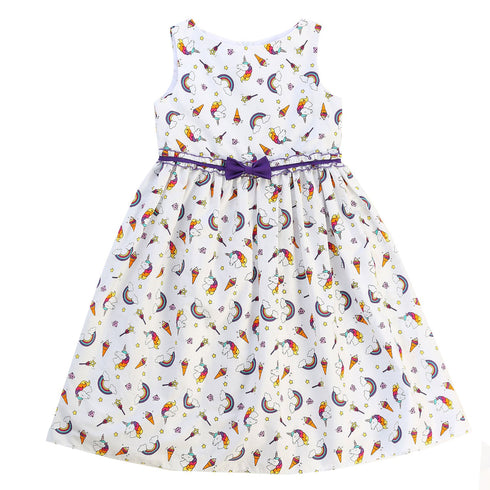 Girls White Unicorn Cotton Print Sleeveless Summer Dress with Bow, Sizes 2-21
