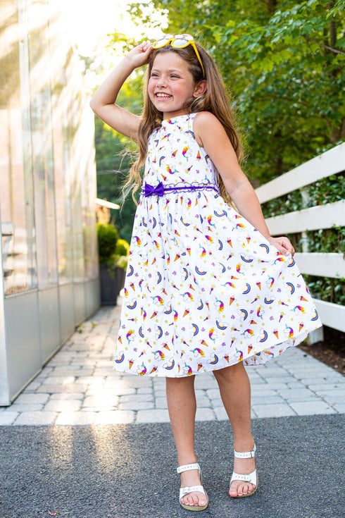 Girls White Unicorn Cotton Print Sleeveless Summer Dress with Bow, Sizes 2-21