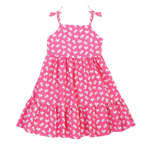 Girls Pink Kitty Cat Print Shoulder Tie Cotton Dress, Sizes 2-14