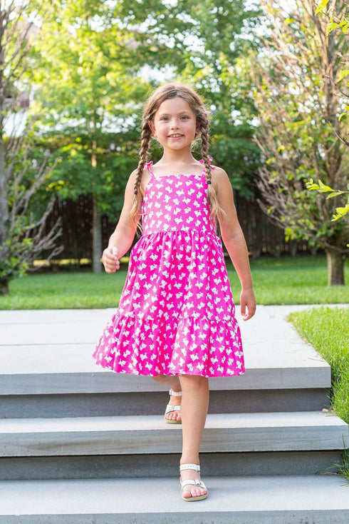 Girls Pink Kitty Cat Print Shoulder Tie Cotton Dress, Sizes 2-14