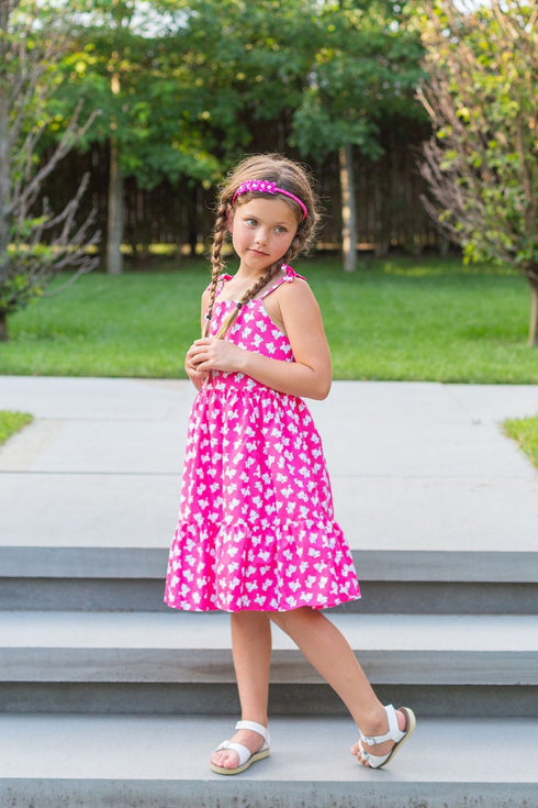 Girls Pink Kitty Cat Print Shoulder Tie Cotton Dress, Sizes 2-14