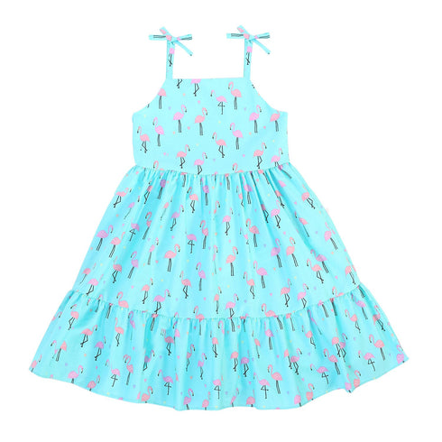 Girls Teal Flamingo Print Shoulder Tie Cotton Dress, Sizes 2-14