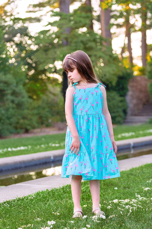 Girls Teal Flamingo Print Shoulder Tie Cotton Dress, Sizes 2-14
