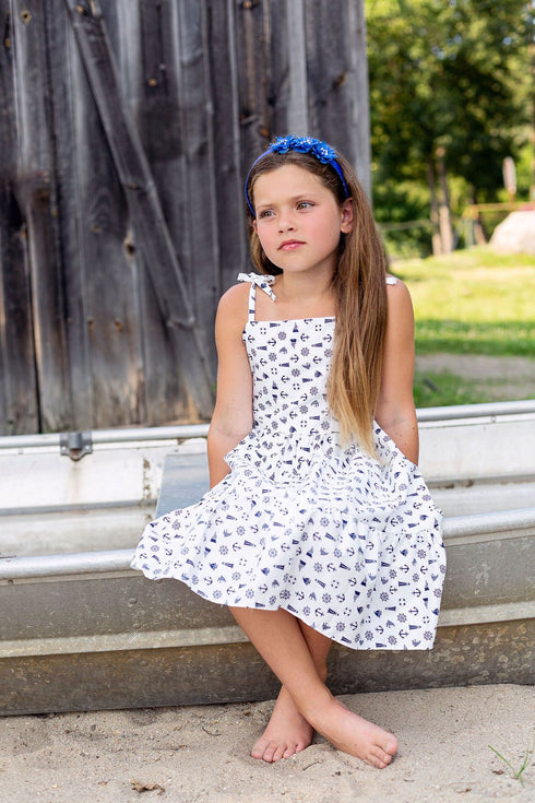 Girls White Nautical Print Shoulder Tie Cotton Dress, Sizes 2-14