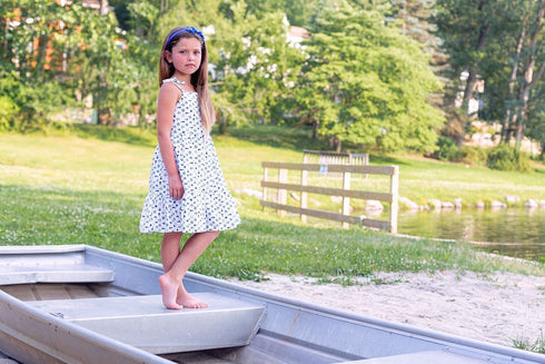 Girls White Nautical Print Shoulder Tie Cotton Dress, Sizes 2-14