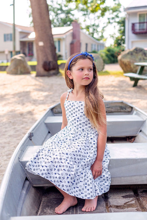 Girls White Nautical Print Shoulder Tie Cotton Dress, Sizes 2-14