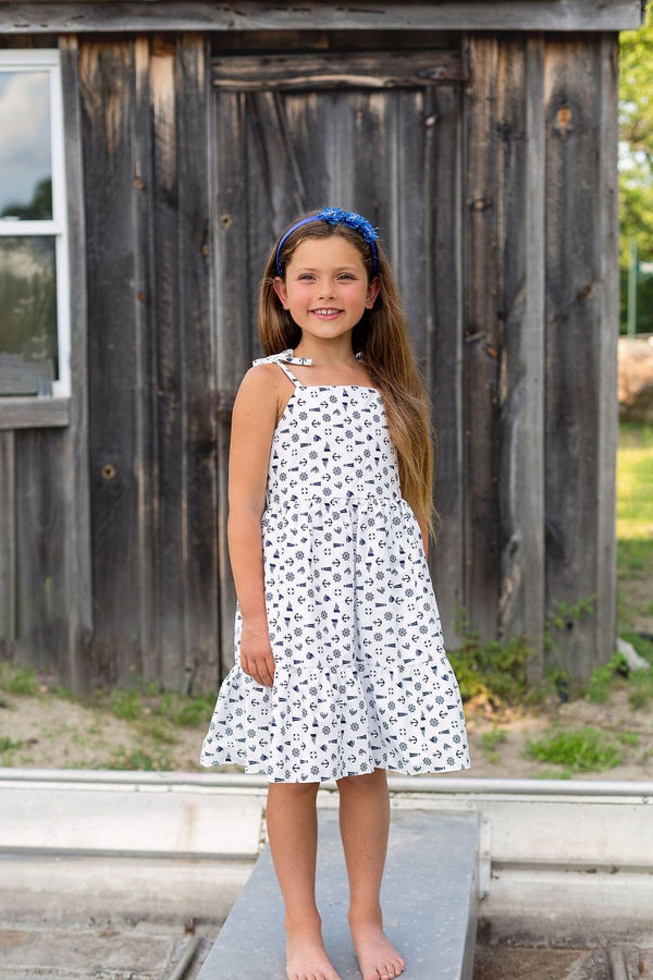 Girls White Nautical Print Shoulder Tie Cotton Dress, Sizes 2-14