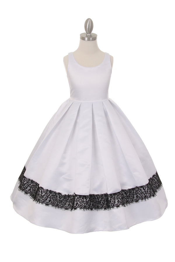 Girls White Satin Lace Trim Special Occasion Dress 2-14