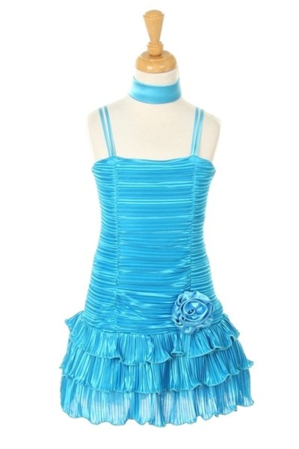 Girls Turquoise Black Pleated Tiered Velveteen Bolero 2 Pc Dress Outfit 2-14