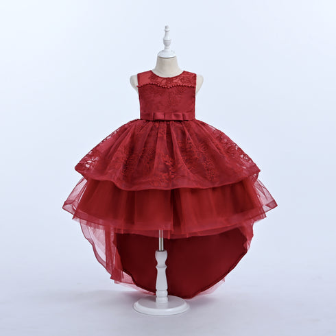 Girls Lace High-Low Party Dress with Bow Back 3-12