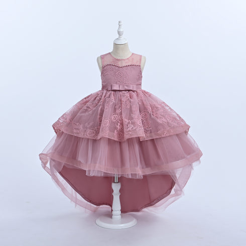 Girls Lace High-Low Party Dress with Bow Back 3-12