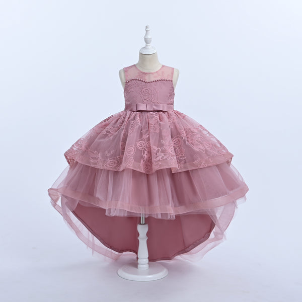 Girls Lace High-Low Party Dress with Bow Back 3-12