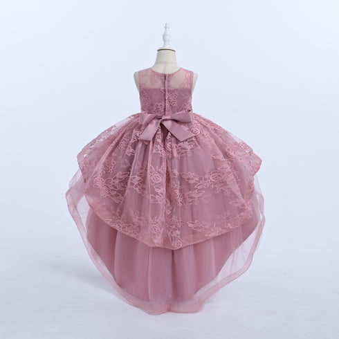 Girls Lace High-Low Party Dress with Bow Back 3-12