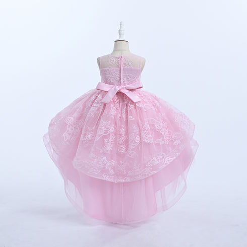 Girls Lace High-Low Party Dress with Bow Back 3-12