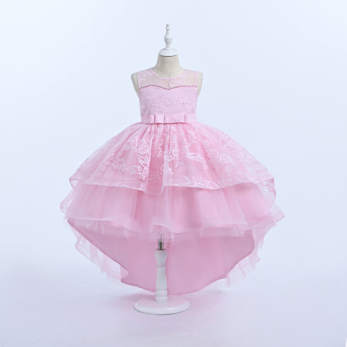 Girls Lace High-Low Party Dress with Bow Back 3-12