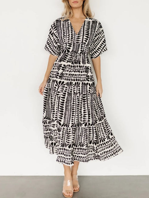 ruched-printed-v-neck-half-sleeve-midi-dress OhSoStyled - Sophia's Style in Black-5